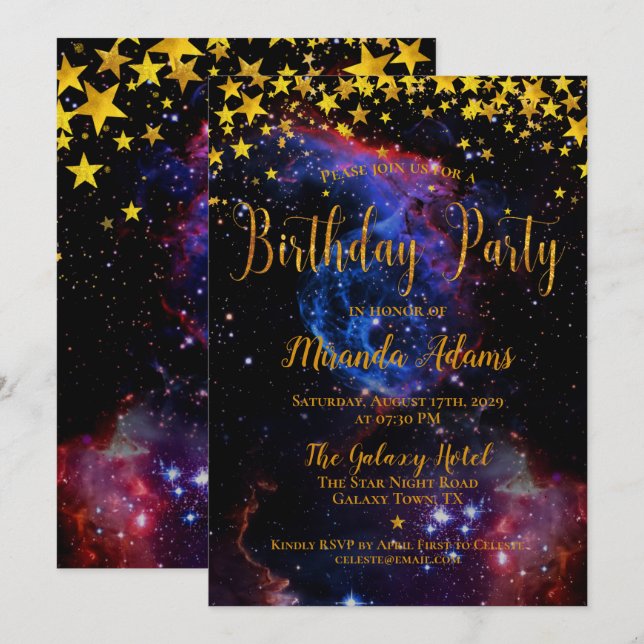 Gold Glitter Galaxy Stars Birthday Party Invitation (Front/Back)