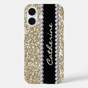Gold Glitter Gems with Name and Mongram iPhone 16 Case