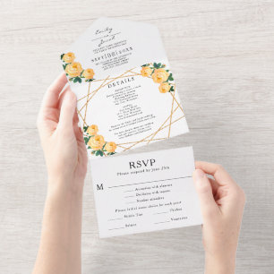 Gold Glitter Geo Orange Floral Wedding RSVP Photo All In One Invitation