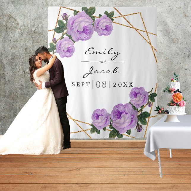 Gold Glitter Geo Purple Floral Photo Backdrop Sign Tapestry (Creator Uploaded)