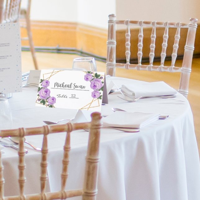 Gold Glitter Geo Purple Floral Wedding Couple Fold Place Card (Creator Uploaded)