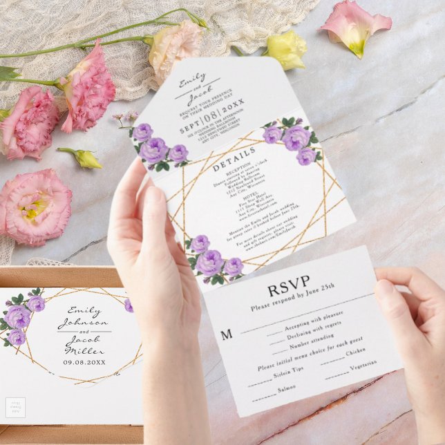 Gold Glitter Geo Purple Floral Wedding RSVP Photo All In One Invitation (Creator Uploaded)