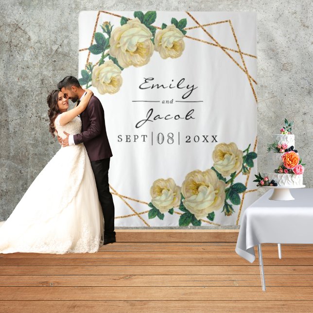 Gold Glitter Geo Yellow Floral Photo Backdrop Sign Tapestry (Creator Uploaded)