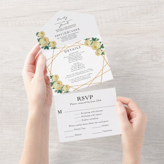 Gold Glitter Geo Yellow Floral Wedding Detail RSVP All In One Invitation (Tearaway)