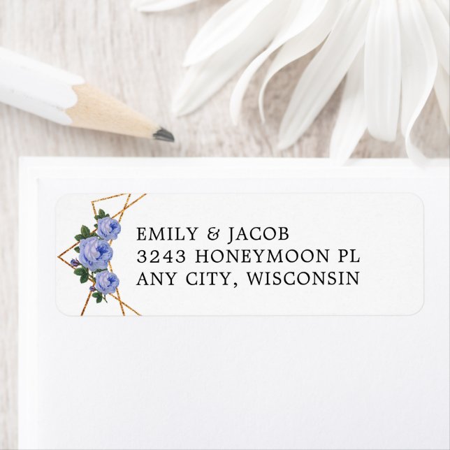 Gold Glitter Geometric Blue Floral Wedding Address (Insitu)