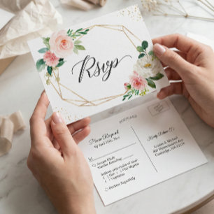 Gold Glitter Geometric Blush Floral Wedding RSVP Invitation Postcard