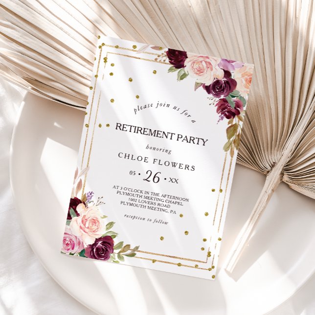 Gold Glitter Geometric Burgundy Retirement Party Invitation (Creator Uploaded)