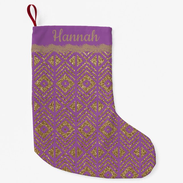 Gold Glitter Geometric Design on Purple Small Christmas Stocking (Front)