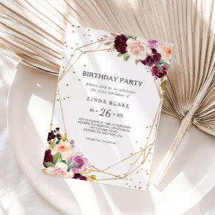 Gold Glitter Geometric Floral 21st Birthday Party Invitation