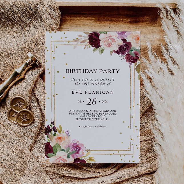 Gold Glitter Geometric Floral 40th Birthday Party Invitation (Creator Uploaded)