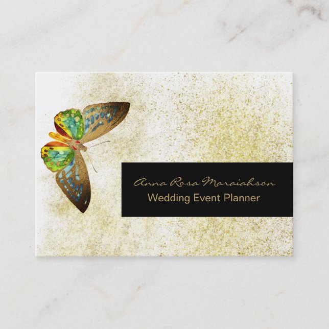 *~* Gold Glitter Gilded Butterfly Chic Girly White Business Card (Front)