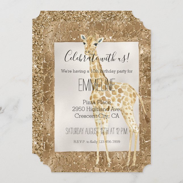 Gold Glitter Giraffe Animal Print Invitation (Front/Back)