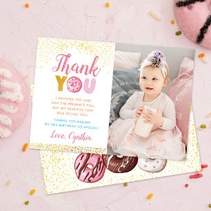 Gold Glitter Girl Doughnut Birthday Photo Thank You Card