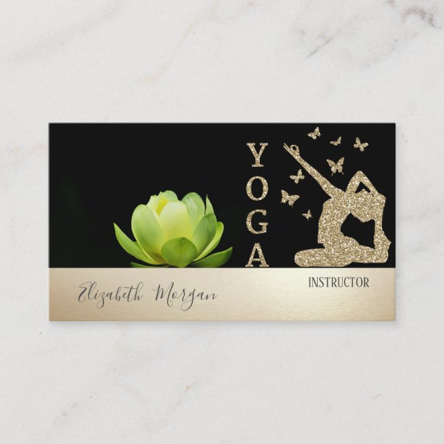 Gold Glitter Girl Silhouette Green Lotus Business Card (Front)