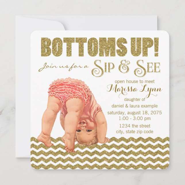 Gold Glitter Girls Sip and See Invitation (Front)