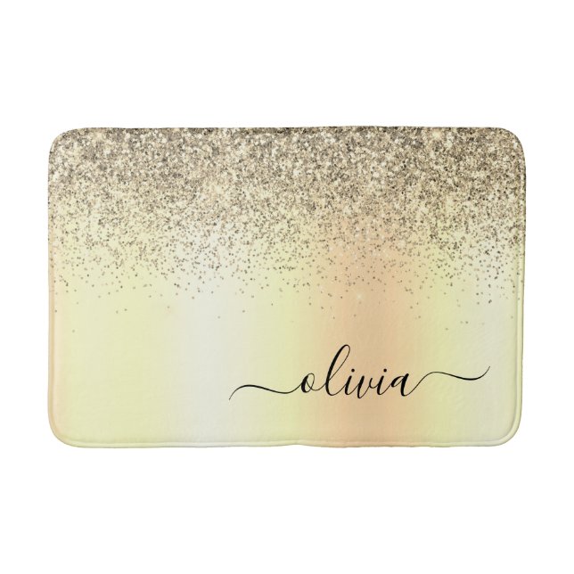 Gold Glitter Girly Luxury Modern Monogram Name Bath Mat (Front)