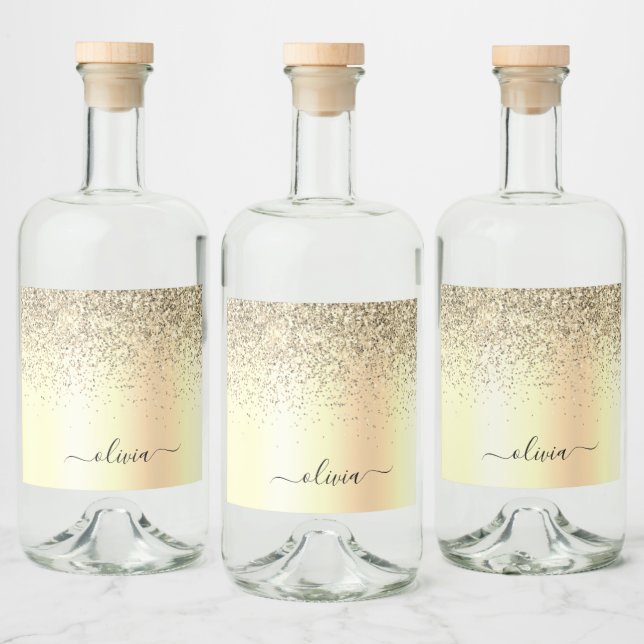 Gold Glitter Girly Luxury Modern Monogram Name Liquor Bottle Label (Bottles)