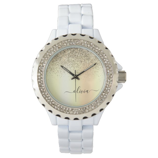 Gold Glitter Girly Luxury Modern Monogram Name Watch (Front)