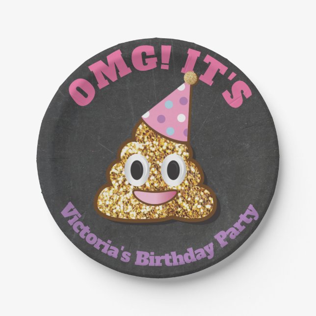 Gold Glitter Girly Poop Emoji Paper Plates (Front)