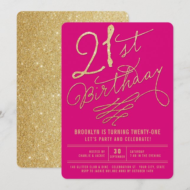 Gold Glitter Glam Adult 21st Birthday Party Invite (Front/Back)