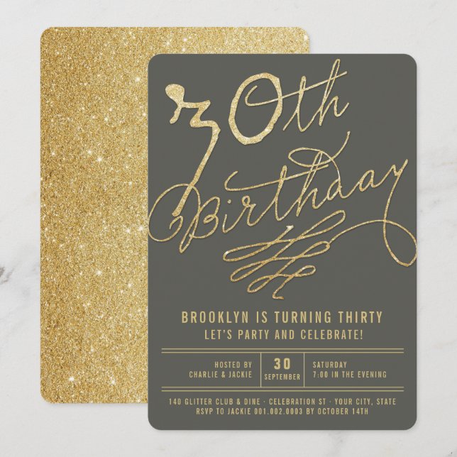 Gold Glitter Glam Adult 30th Birthday Party Invite (Front/Back)