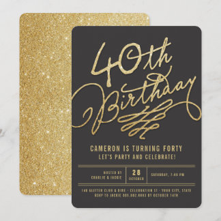 Gold Glitter Glam Adult 40th Birthday Party Invite