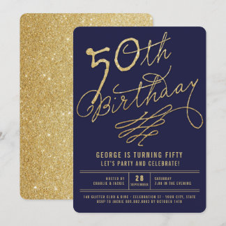 Gold Glitter Glam Adult 50th Birthday Party Invite