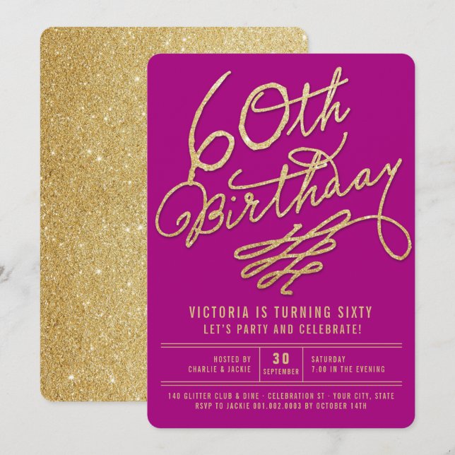 Gold Glitter Glam Adult 60th Birthday Party Invite (Front/Back)