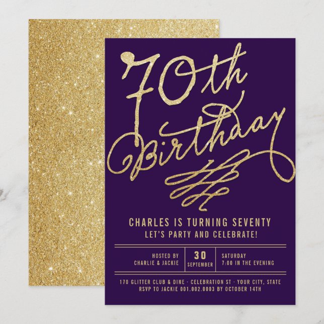 Gold Glitter Glam Adult 70th Birthday Party Invite (Front/Back)