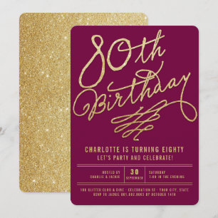 Gold Glitter Glam Adult 80th Birthday Party Invite