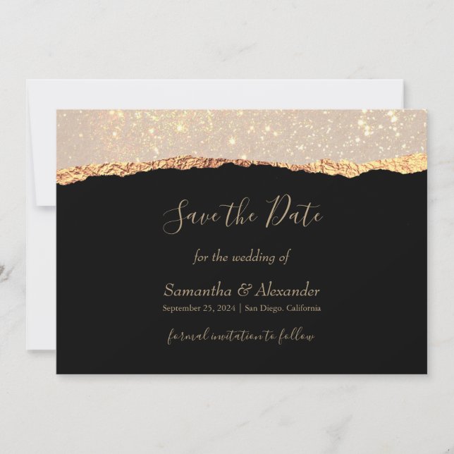 Gold Glitter Glam Black Save the Day card (Front)