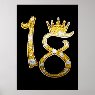 Gold Glitter Glam Crown Diamond Bling 18th 18 Door Poster
