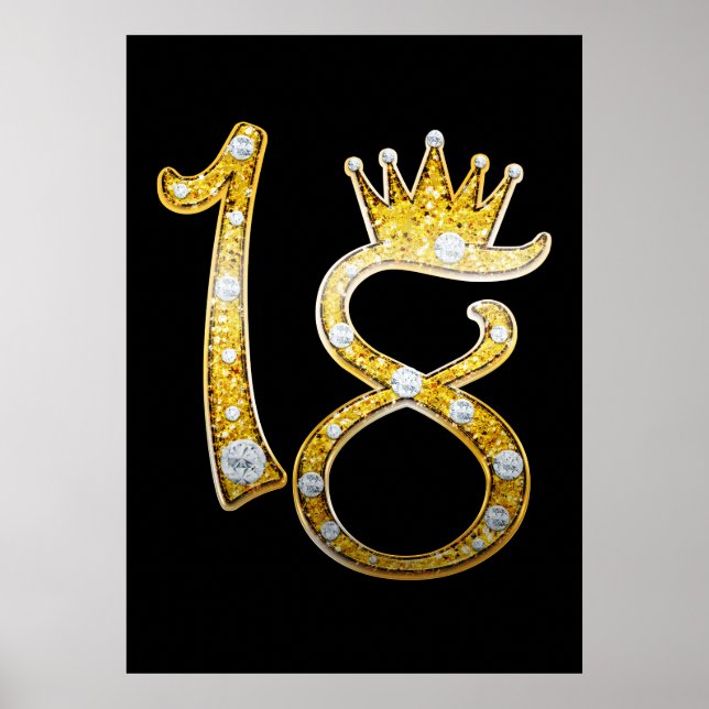 Gold Glitter Glam Crown Diamond Bling 18th 18 Door Poster (Front)