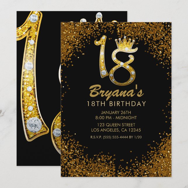 Gold Glitter Glam Crown Diamond Bling 18th 18 Invitation (Front/Back)