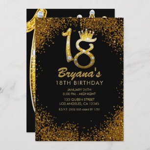 Gold Glitter Glam Crown Diamond Bling 18th 18 Invitation