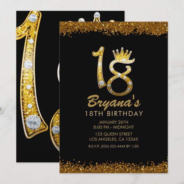 Gold Glitter Glam Crown Diamond Bling 18th 18 Invitation (Front/Back)