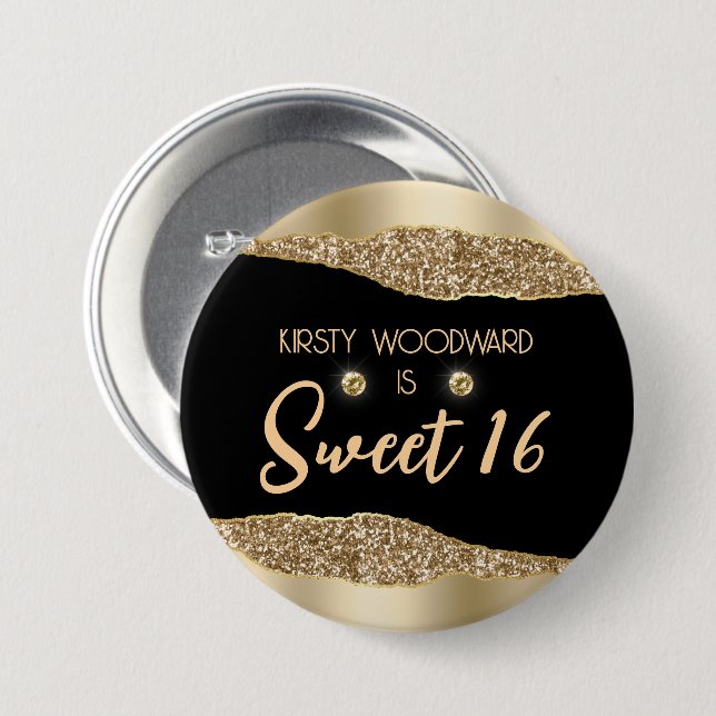 Gold Glitter Glam Edge & Diamonds Sweet 16 7.5 Cm Round Badge (Front & Back)