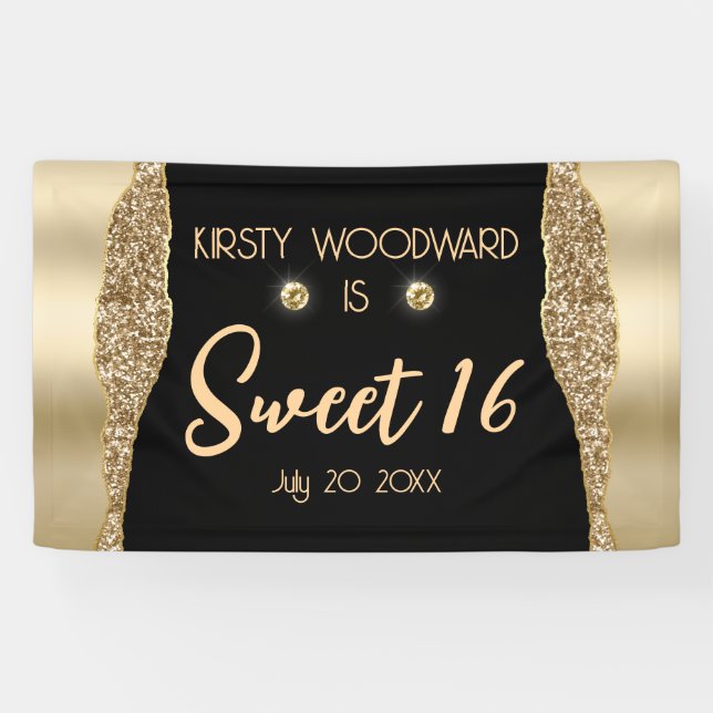 Gold Glitter Glam Edge & Diamonds Sweet 16 Banner (Horizontal)