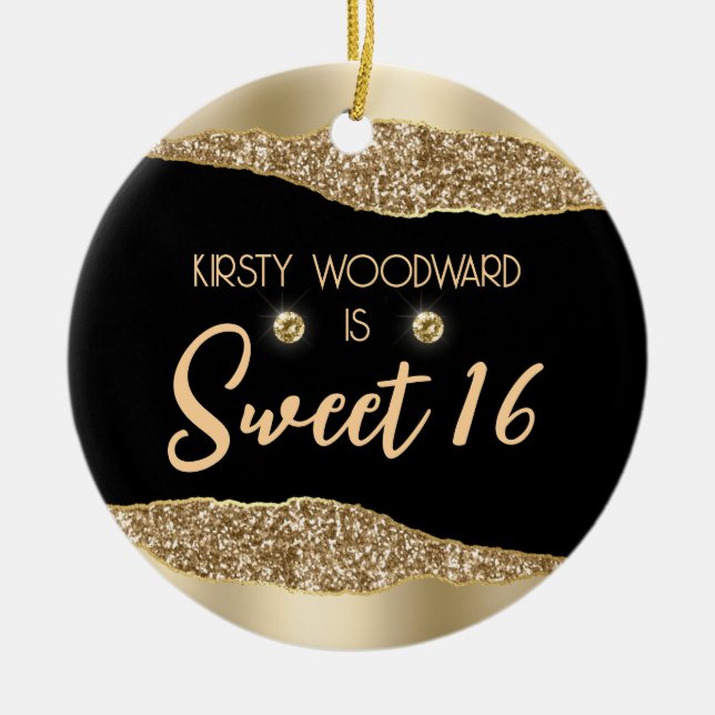 Gold Glitter Glam Edge & Diamonds Sweet 16 Ceramic Tree Decoration (Front)