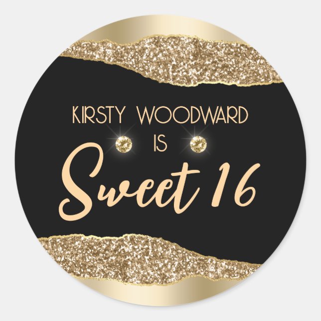 Gold Glitter Glam Edge & Diamonds Sweet 16 Classic Round Sticker (Front)