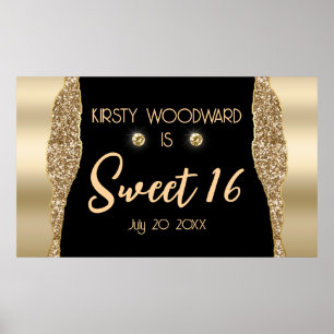 Gold Glitter Glam Edge & Diamonds Sweet 16 Poster