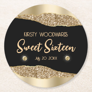 Gold Glitter Glam Edge & Diamonds Sweet 16 Round Paper Coaster