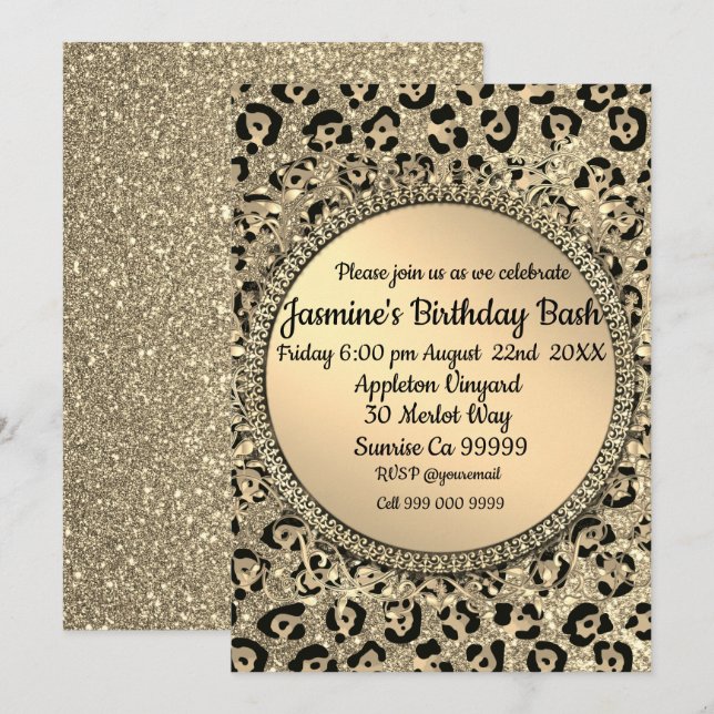 Gold Glitter Glam Leopard Print Invitation (Front/Back)