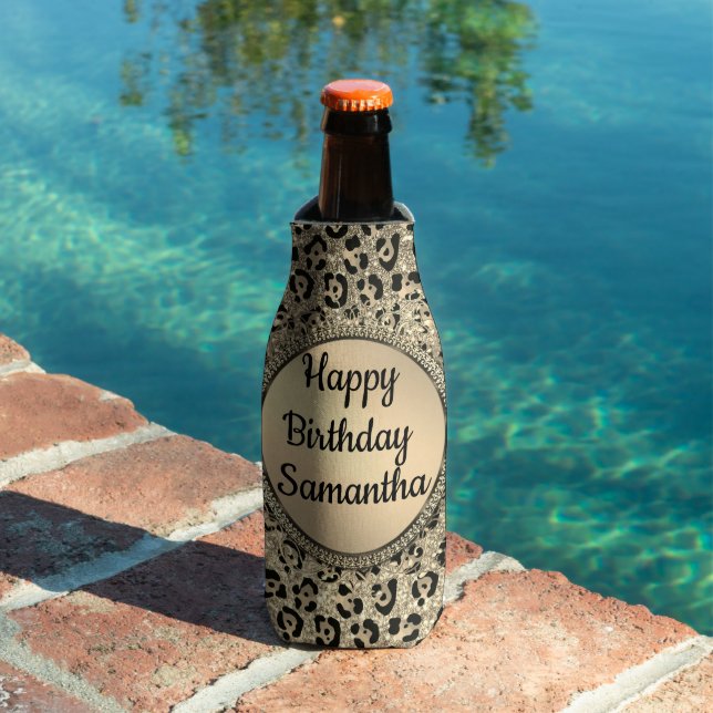 Gold Glitter Glam Leopard Print Personalised Bottle Cooler (In Situ Pool)
