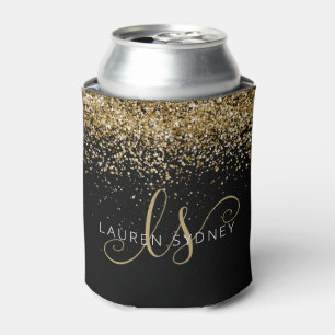 Gold Glitter Glam Monogram Name Can Cooler