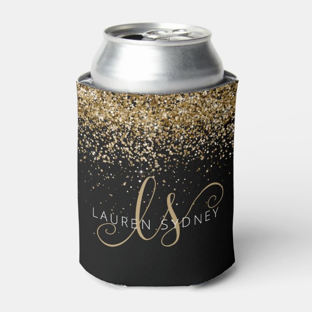 Gold Glitter Glam Monogram Name Can Cooler (Can Front)