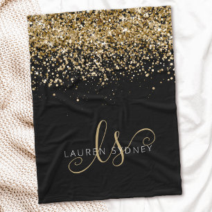 Gold Glitter Glam Monogram Name Fleece Blanket