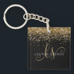 Gold Glitter Glam Monogram Name Key Ring<br><div class="desc">Glam Gold Glitter Elegant Monogram Name Keychain 
Easily personalise this trendy chic keychain design featuring elegant gold sparkling glitter on a black background. The design features your handwritten script monogram with pretty swirls and name.</div>