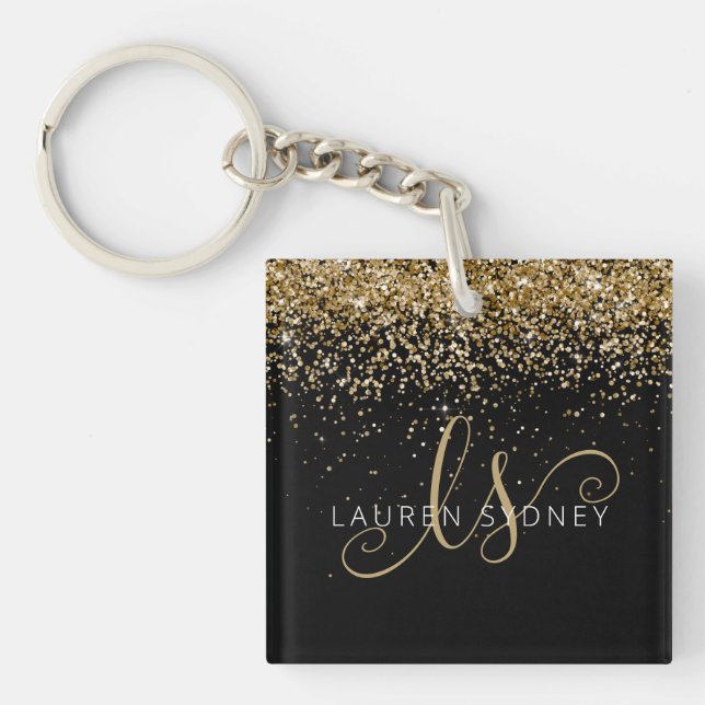 Gold Glitter Glam Monogram Name Key Ring (Front)