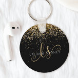 Gold Glitter Glam Monogram Name Key Ring<br><div class="desc">Glam Gold Glitter Elegant Monogram Keychain,  Easily personalise this trendy chic keychain design featuring elegant gold sparkling glitter on a black background. The design features your handwritten script monogram with pretty swirls and your name.</div>